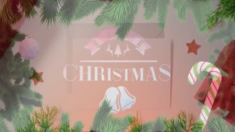 animation of christmas greetings text over envelope, christmas presents and decorations