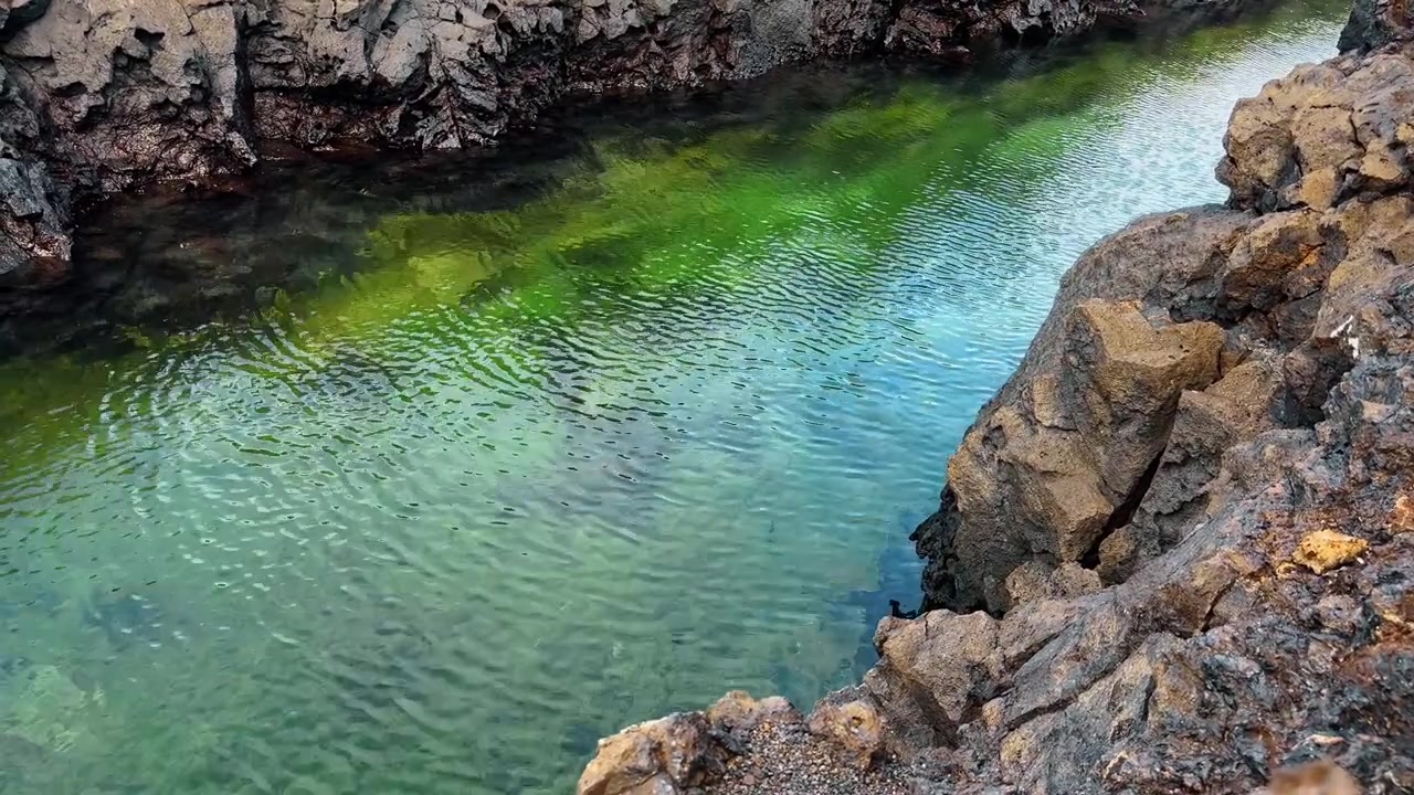 Vista diurna del mare verde e turchese che scorre tra scure formazioni rocciose di basalto sotto un cielo tenue.