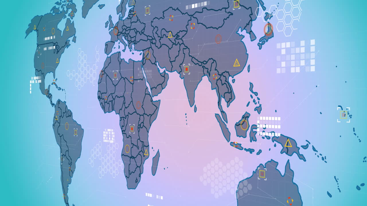 보라색 그라디언트 배경에 대한 세계 지도에서 데이터 처리의 애니메이션