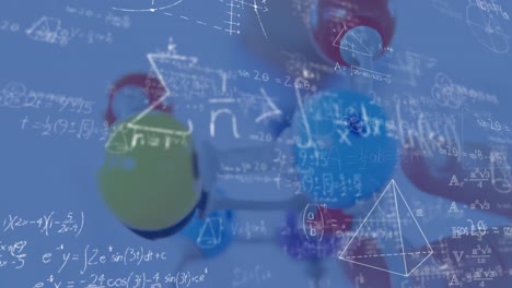 animation of mathematical equations and diagrams over model of molecules on table