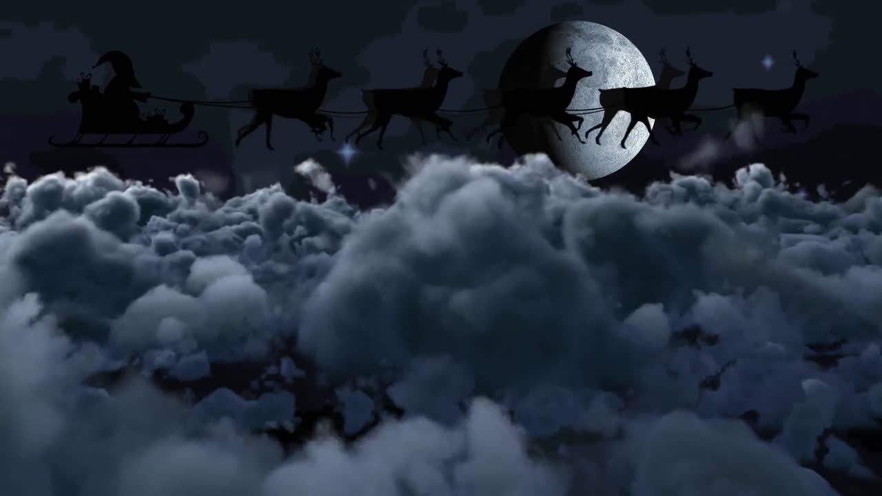 Animazione di Babbo Natale su slitta con renne sopra le nuvole e la luna