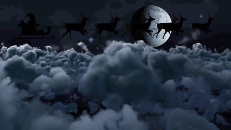 animación de santa claus en trineo con renos sobre nubes y luna
