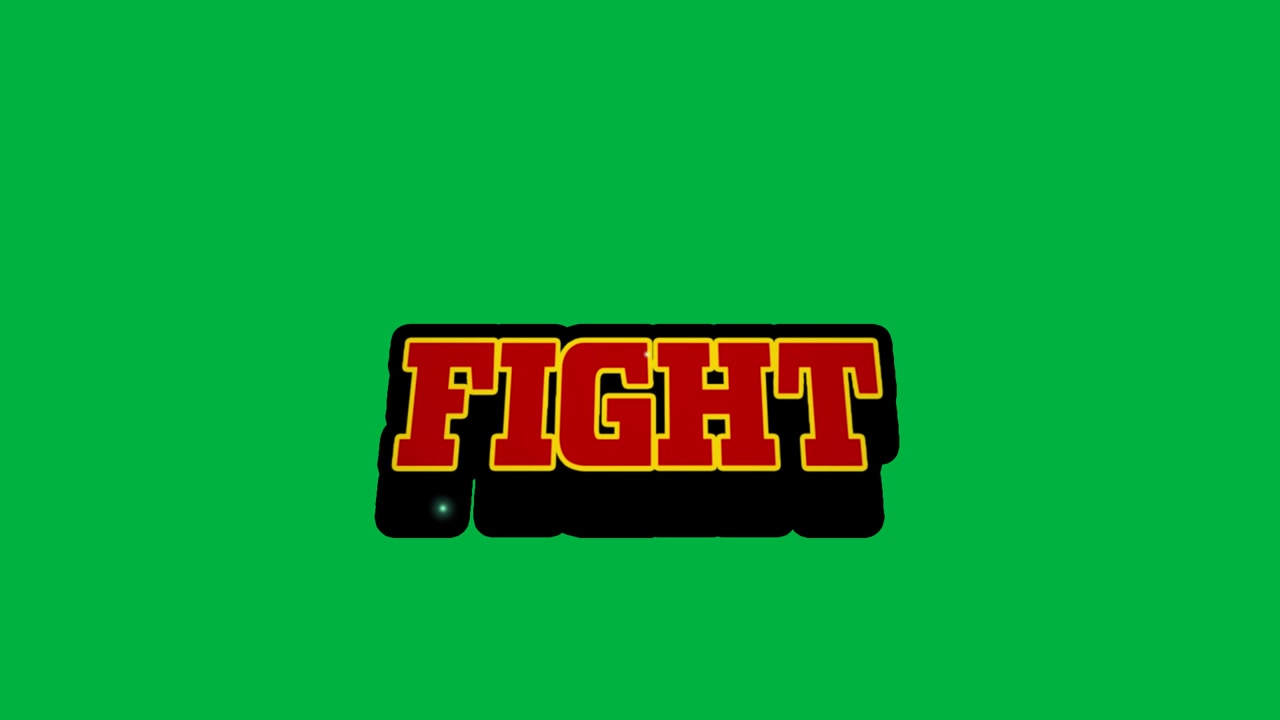 Schizzo verde acqua che svanisce, "FIGHT" che si sposta, ombra che si forma, bagliore verde che appare su sfondo trasparente per rivelare il titolo