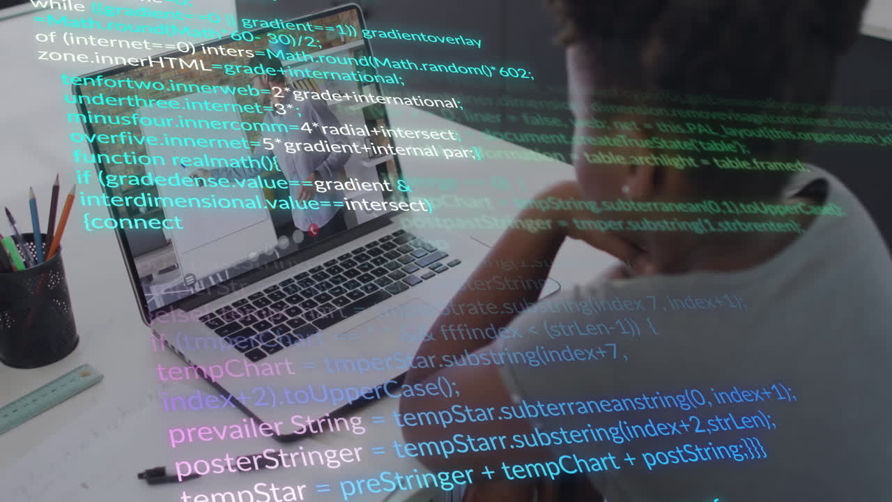 Student using laptop at desk for remote education, overlaying code with pencil holder graphics