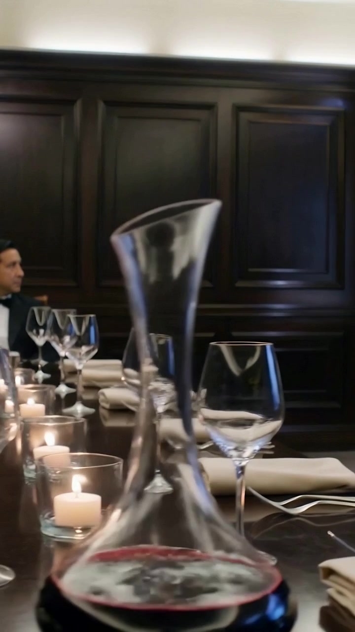 Vertical video: Panning camera revealing dining room left to showcase table, decanter, suited man