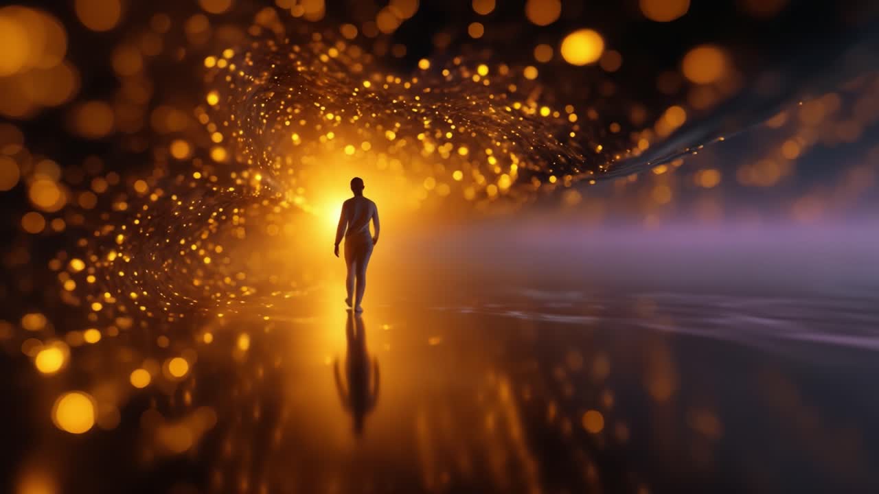 A mysterious figure emerges from a shimmering tunnel of golden lights, capturing the essence of enlightenment and transition into a vibrant new reality