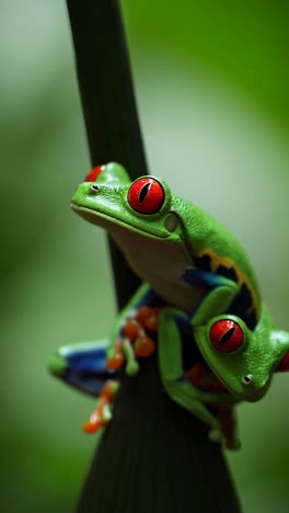 red-eyed tree frog on a stem in the rainforest