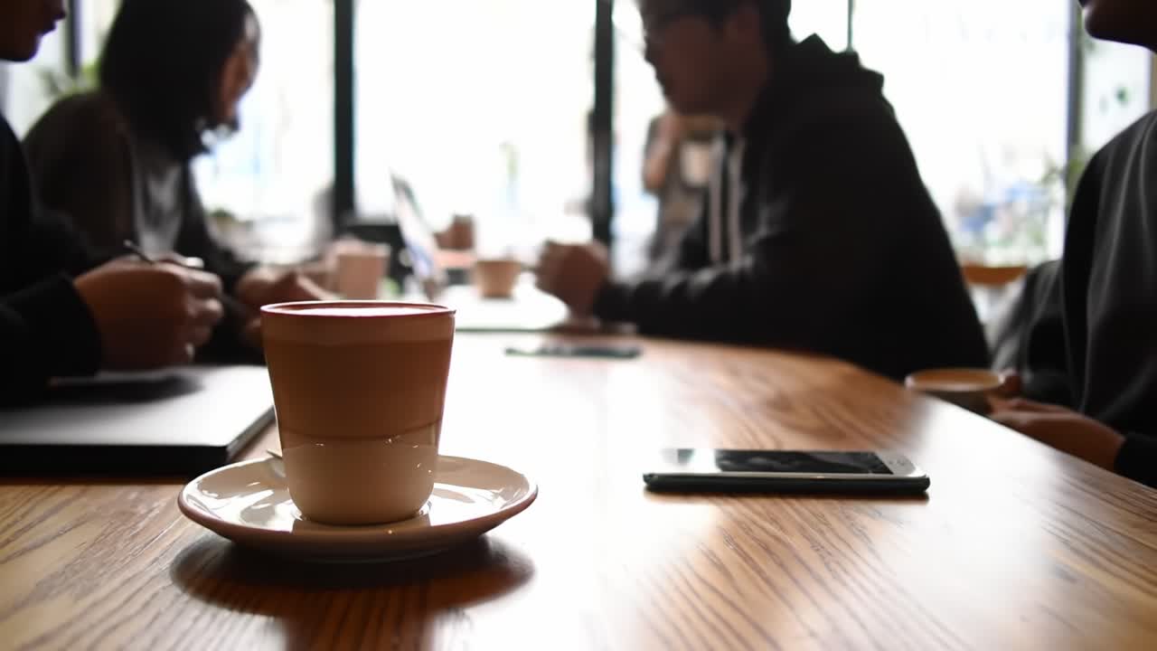 Casual Coffee Gathering: Individuals Engaged in Conversation Over Hot Beverages in a Cozy Workspace Setting
