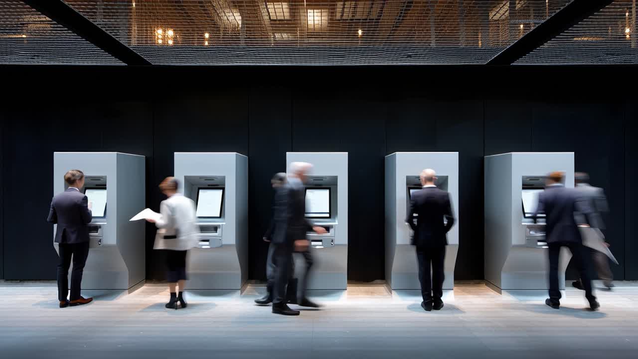 A Busy Modern Banking Environment Showcasing Individuals Engaging with Advanced ATMs in an Urban Setting, Highlighting the Intersection of Technology and Finance