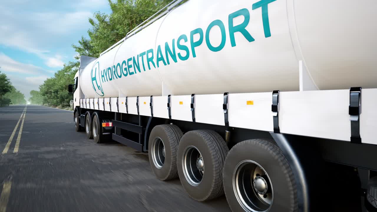 Hydrogen Logistics Concept. Truck With Gas Tank Trailer On The Road Lined