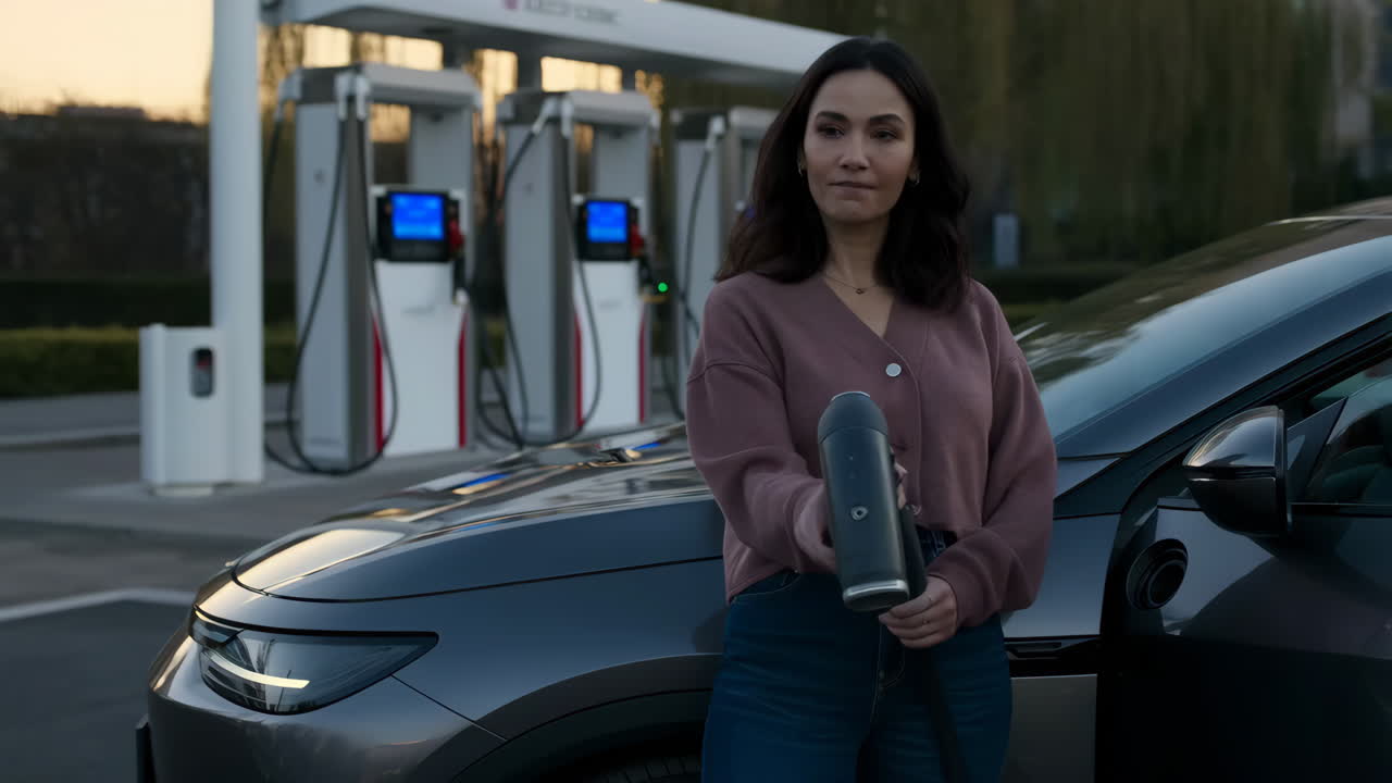 A woman charges an electric vehicle at a public charging station