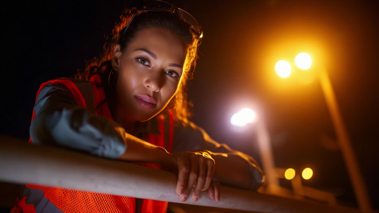 A focused young woman in a safety vest gazes thoughtfully into the distance under the glow of artificial lights, embodying dedication and resilience in a night setting that captures both effort and contemplation