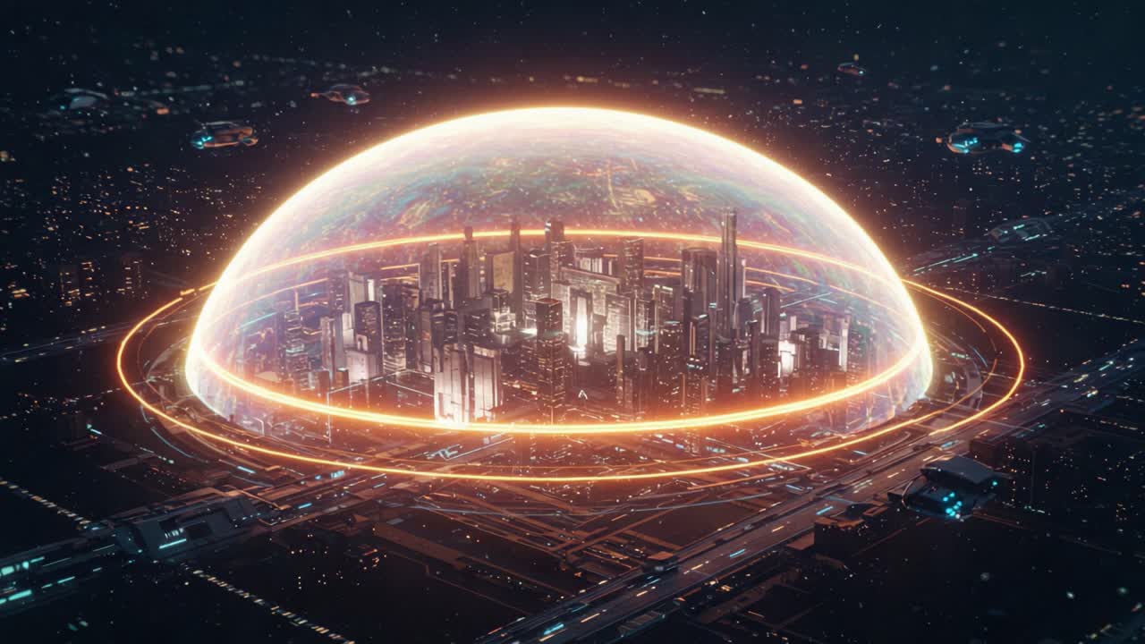 Visualizing a Futuristic Urban World Enclosed by a Protective Energy Dome, Featuring Advanced Architecture and Surrounded by Futuristic Transport Systems