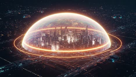 visualizing a futuristic urban world enclosed by a protective energy dome, featuring advanced architecture and surrounded by futuristic transport systems