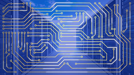 animation of integrated circuit over servers in blue