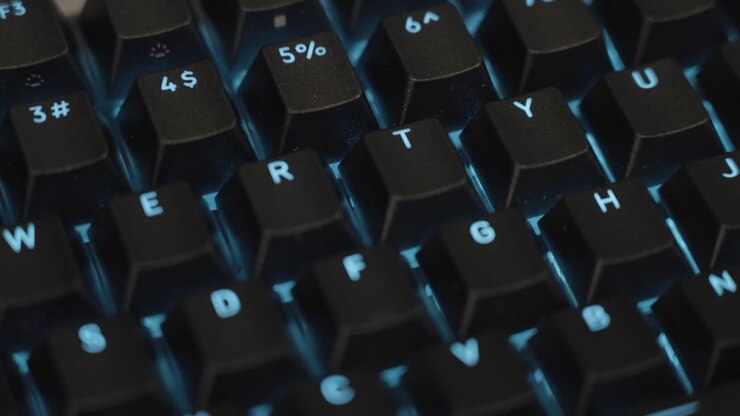Gaming keyboard in close up with blue colors