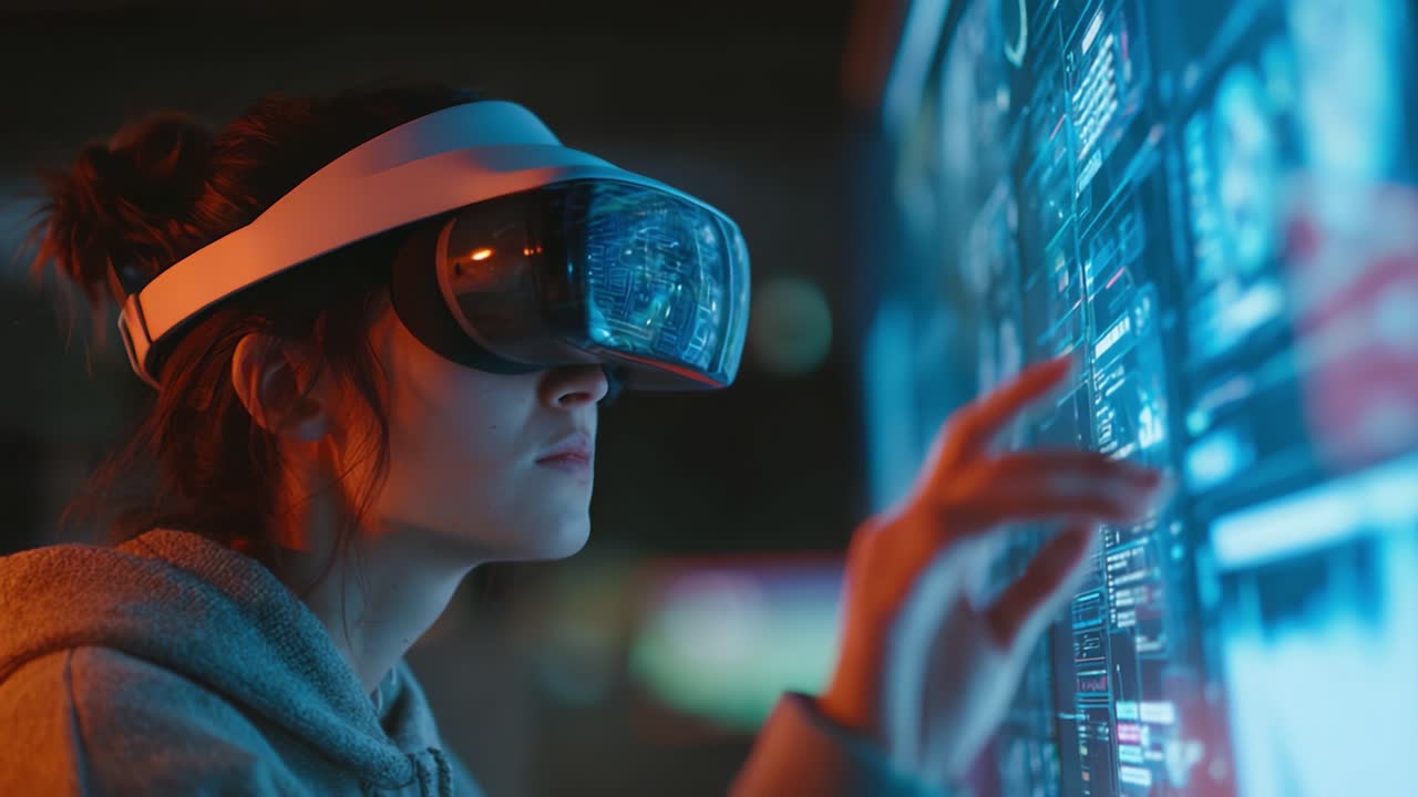 Esperienza Immersiva di Realtà Virtuale: Una giovane utente interagisce con interfacce digitali avanzate mentre indossa un visore VR, esplorando nuove dimensioni di interazione e tecnologia.