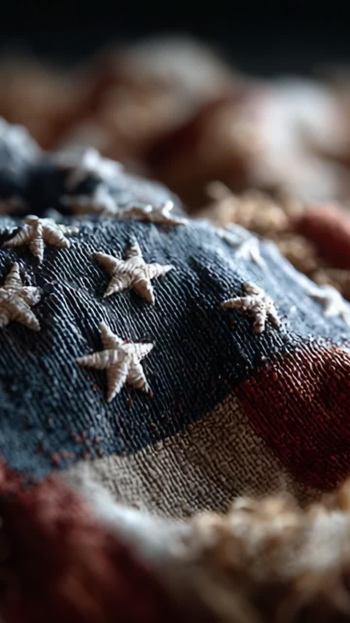 Detailed Close-Up of a Worn American Flag Fabric, Highlighting the Texture and Stitching of Stars and Stripes in Soft Natural Lighting