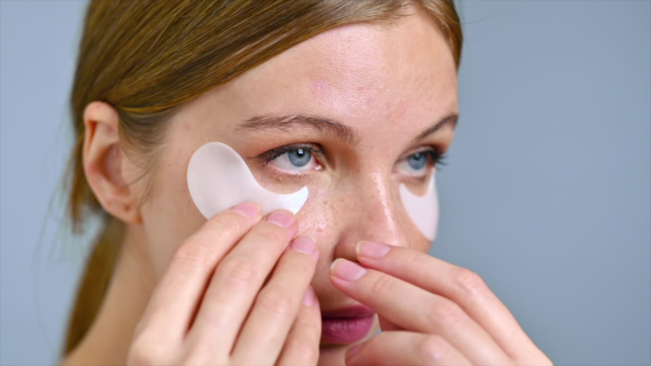 A young caucasian woman placing patches under her eyes. Slow motion