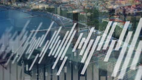 animation of financial data processing over cityscape