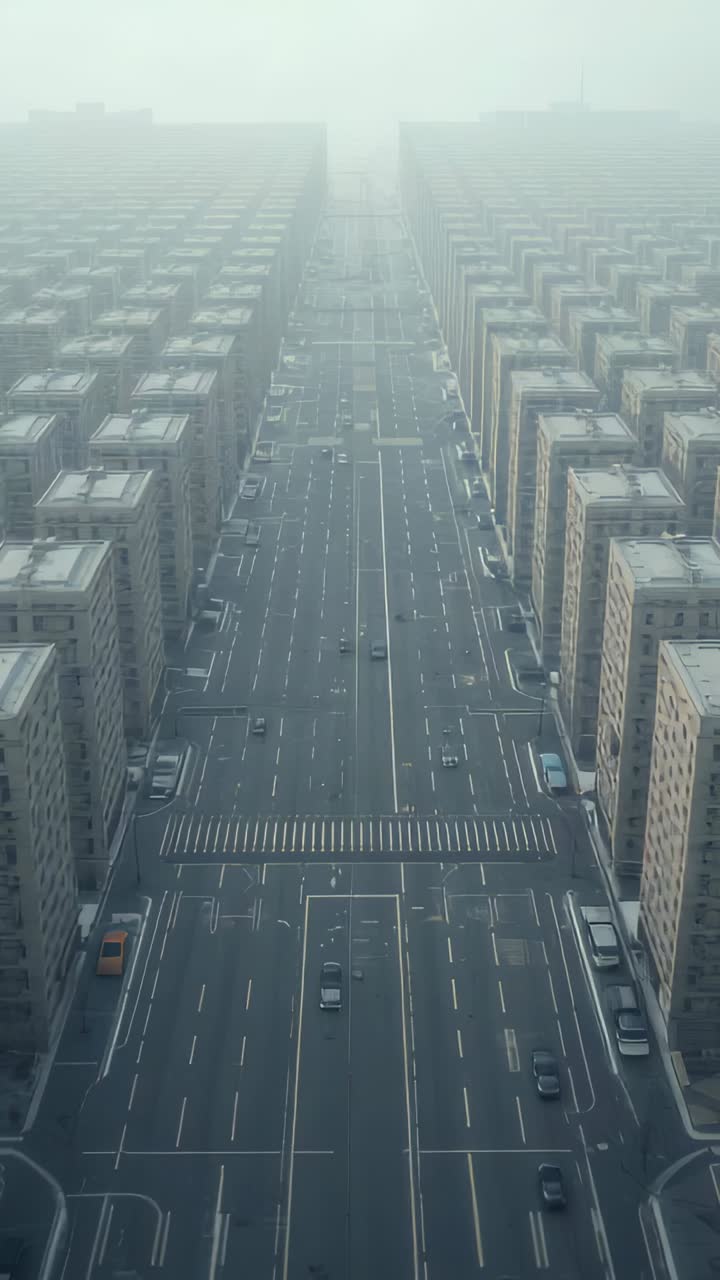 Vertical video: Drone starting as cars advancing along wide avenue from high view, with fog