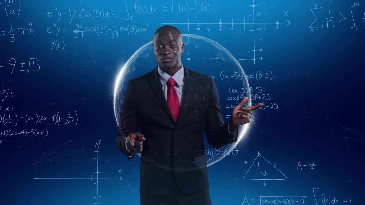 Animation eines Geschäftsmannes über mathematische Datenverarbeitung