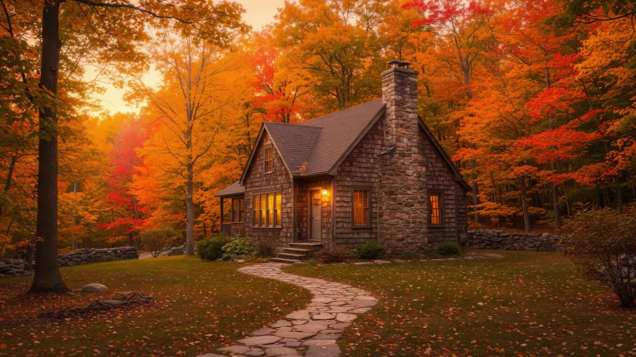 Enchanting Autumn Scene Featuring a Cozy Stone Cottage Surrounded by Vibrant Fall Foliage and Warm Evening Light, Inviting Tranquility and Serenity in Nature