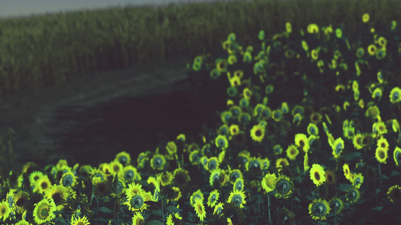 Sunflowers bloom in a field during golden hour light
