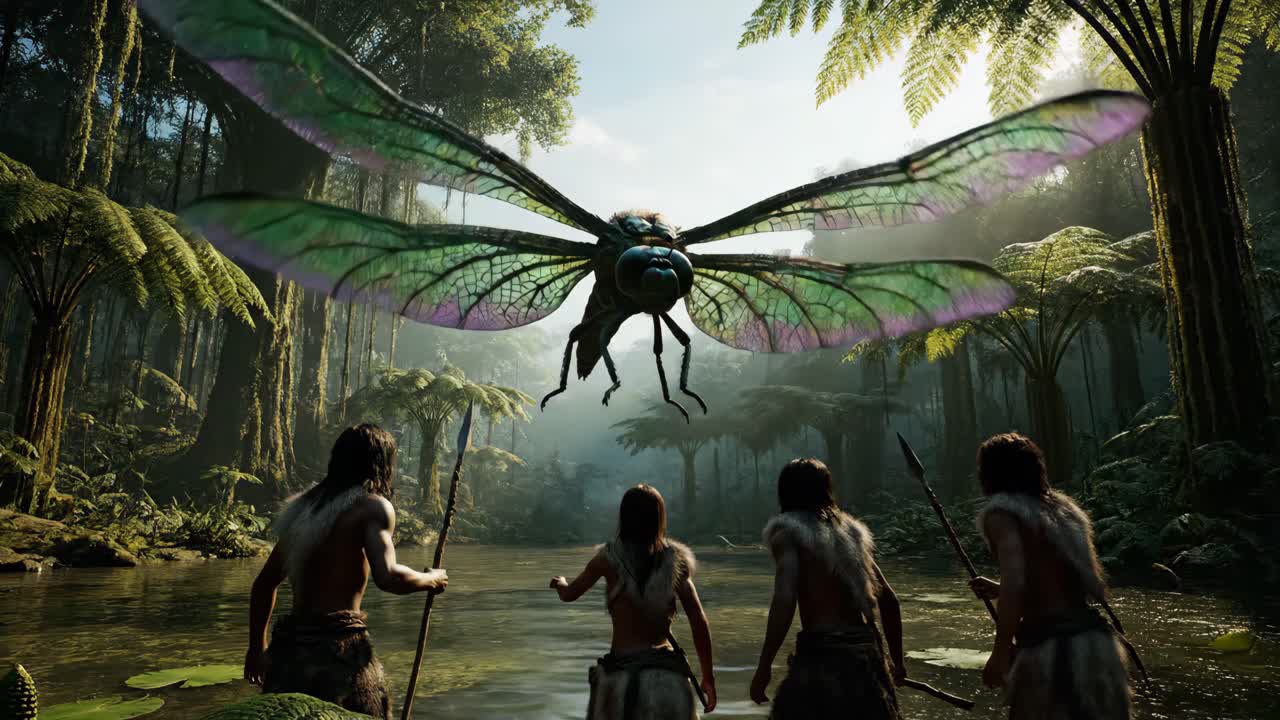 Prehistoric Encounter: Primitive Humans Confront Giant Dragonfly