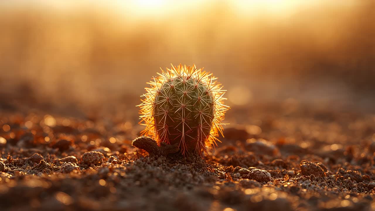 Shifting sun backlighting small round cactus at desert closeup, highlighting spines and pup