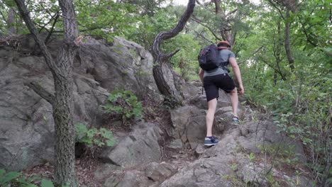 Tourist-Mit-Rucksäcken-Klettert-Einen-Steilen-Felsenweg-Im-Wald-Hinauf