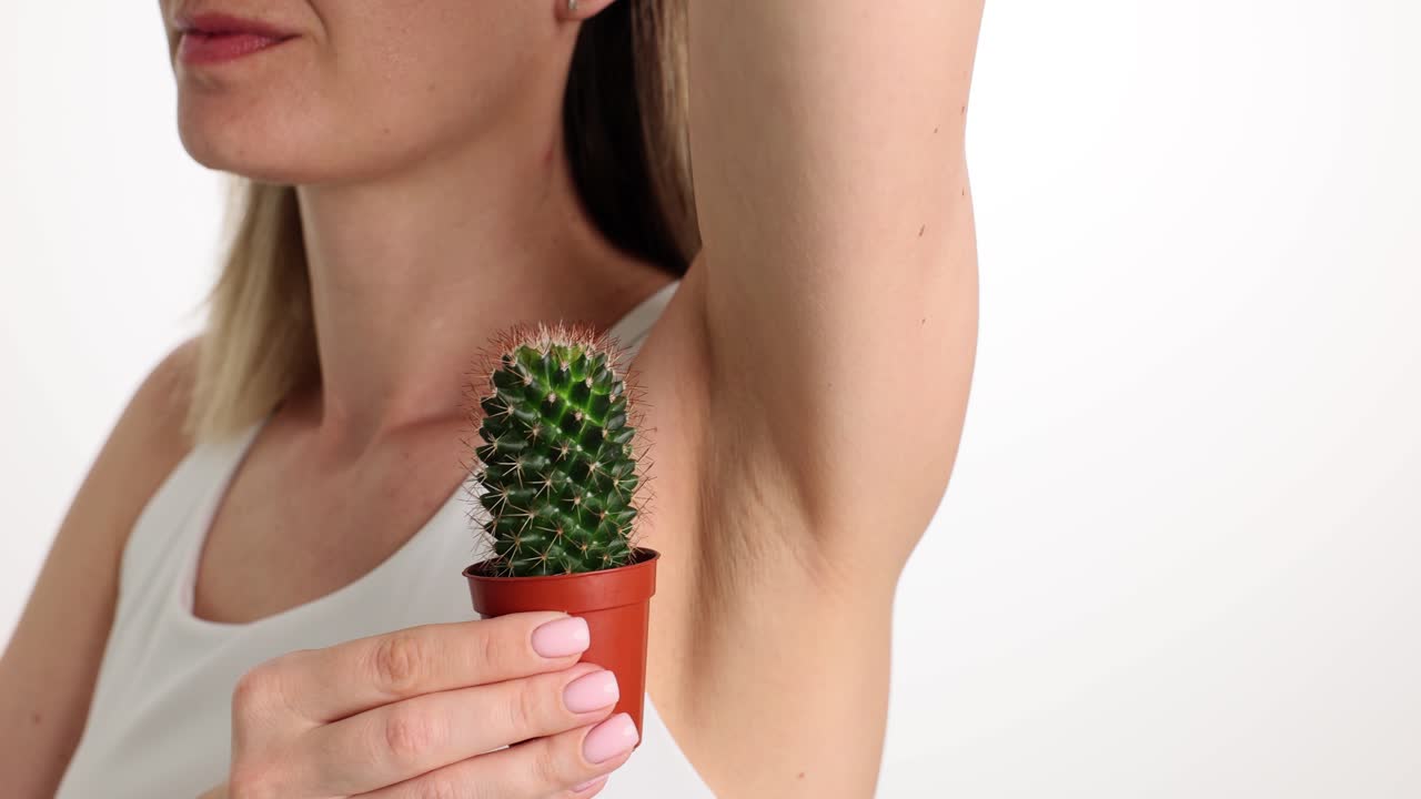 Kvinde holder miniaturekaktus i potteplante mod bar armhule