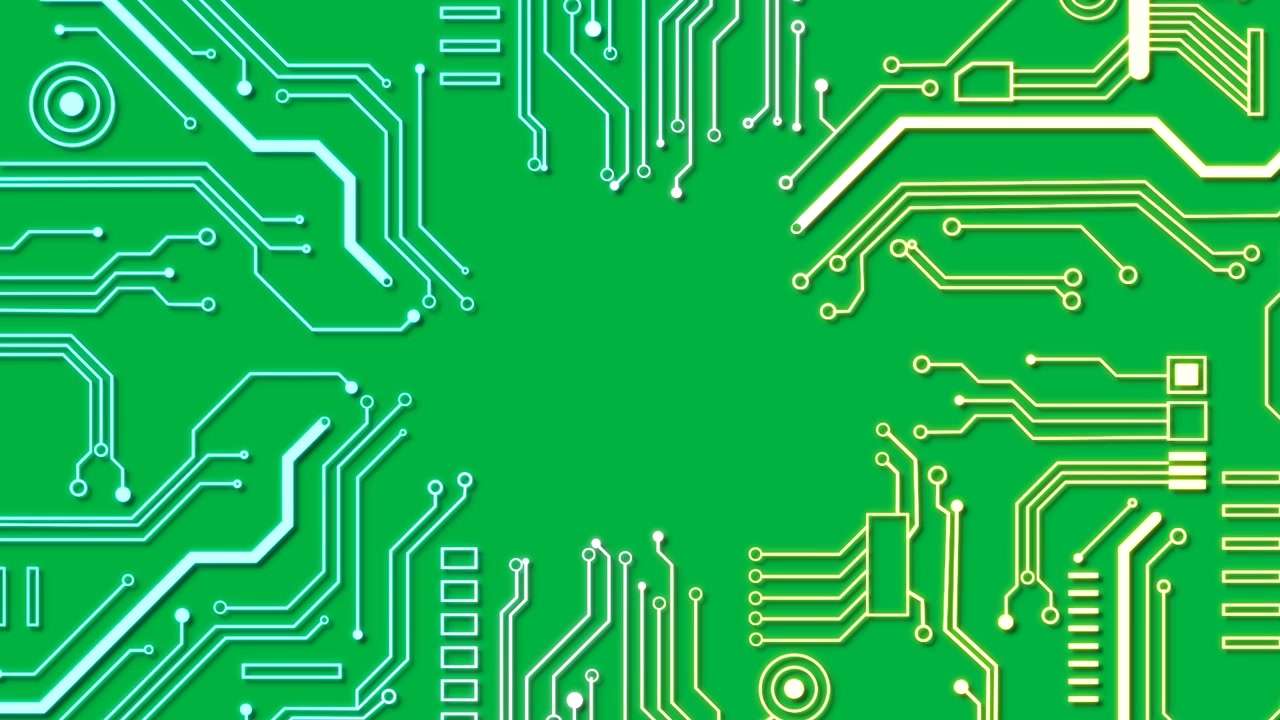 Circuit animating edge nodes sparking cyan or yellow fills, pulsing inward, showing tech transparent