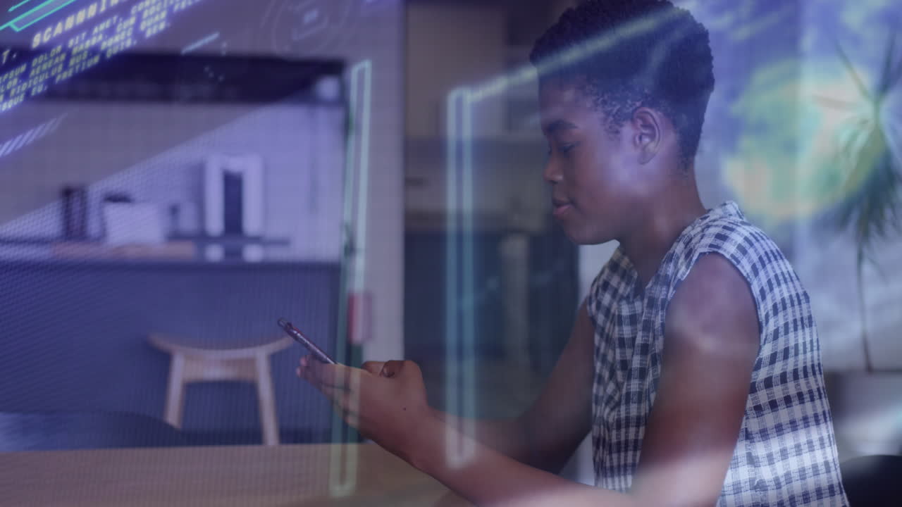 Animation of financial data processing over african american businesswoman using phone