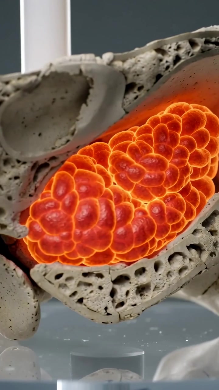 Vertical video: Shifting camera showing porous bone model with orange lobed mass inflating for demo