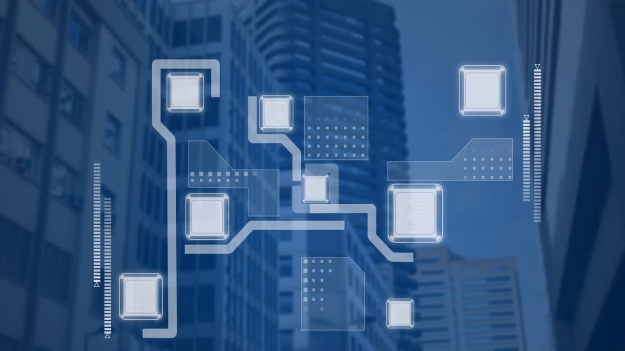 animación de la interfaz con procesamiento de datos contra edificios altos.