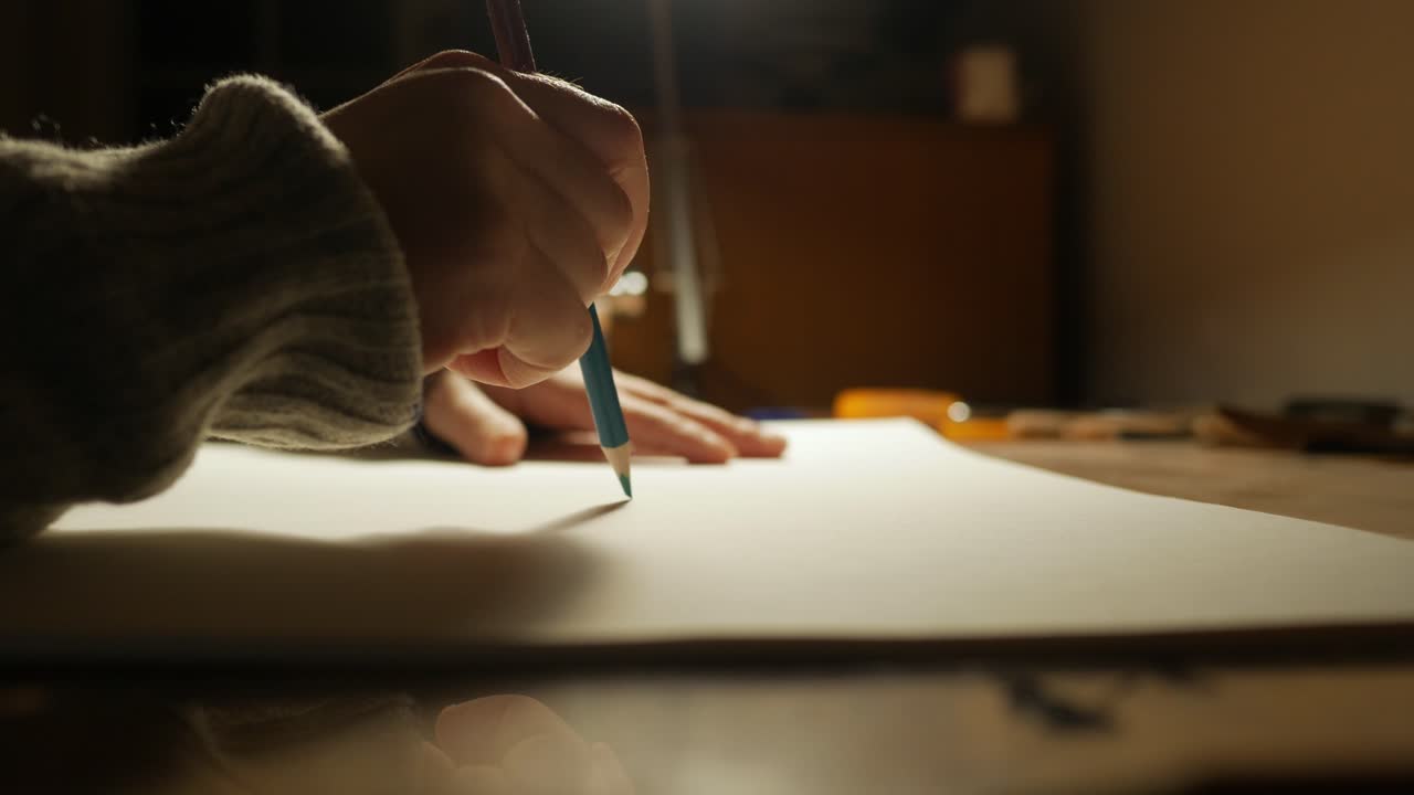 Creative crisis, hand holding colored pencil over blank paper, close up