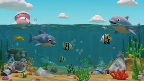 an underwater adventure featuring playful dolphins and colorful fish among vibrant coral reefs and ocean debris in a lively animated scene