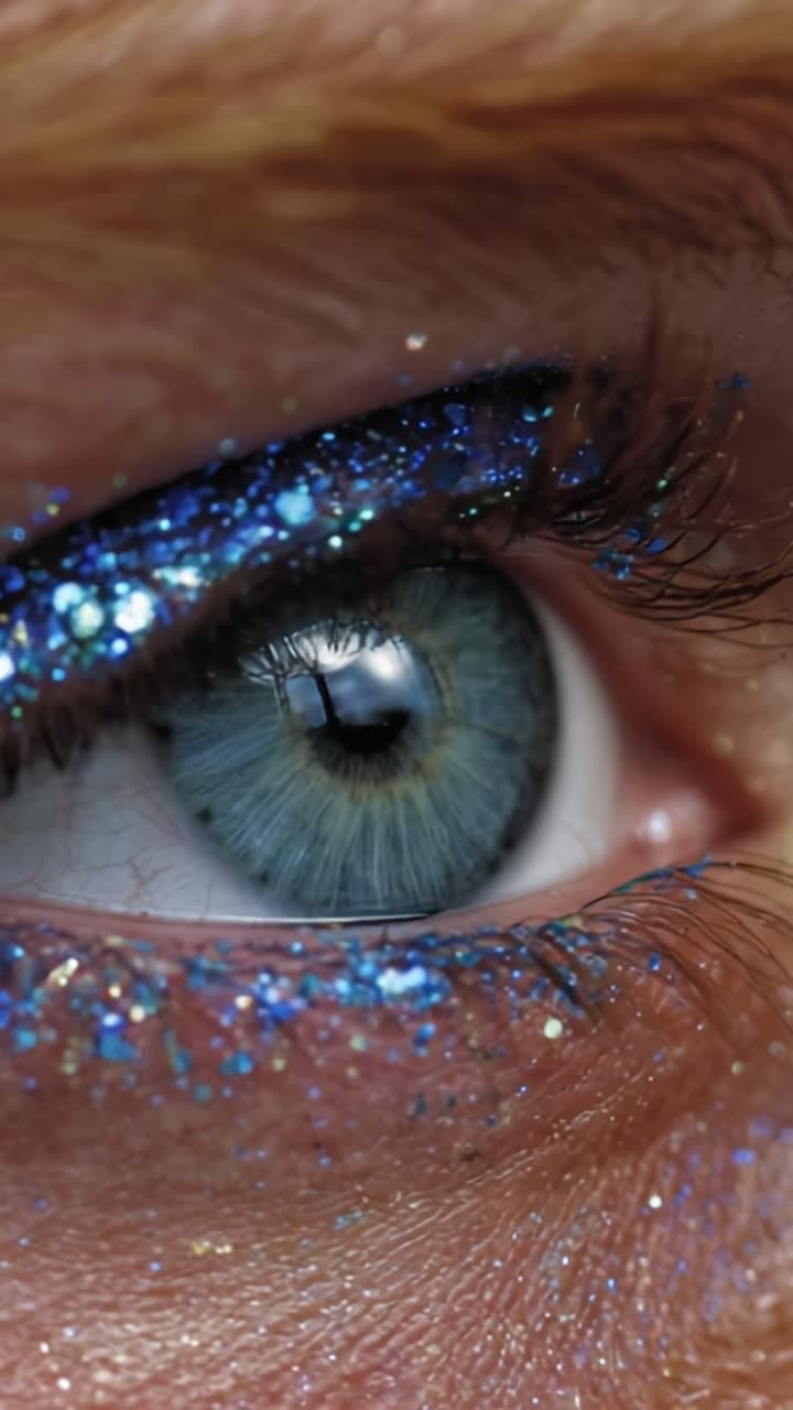 A Stunning Close-Up of an Eye Adorned with Glittering Blue Makeup, Capturing the Intricate Details and Radiance That Highlight Its Unique Beauty