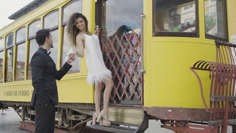 couple on a vintage tram