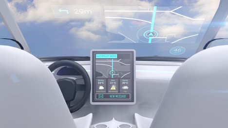 video game simulation screen showing car cockpit driving in the sky