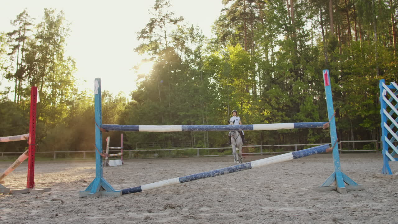 mujer demuestra habilidades profesionales en el espectáculo de salto con su caballo en un parque de caballos.