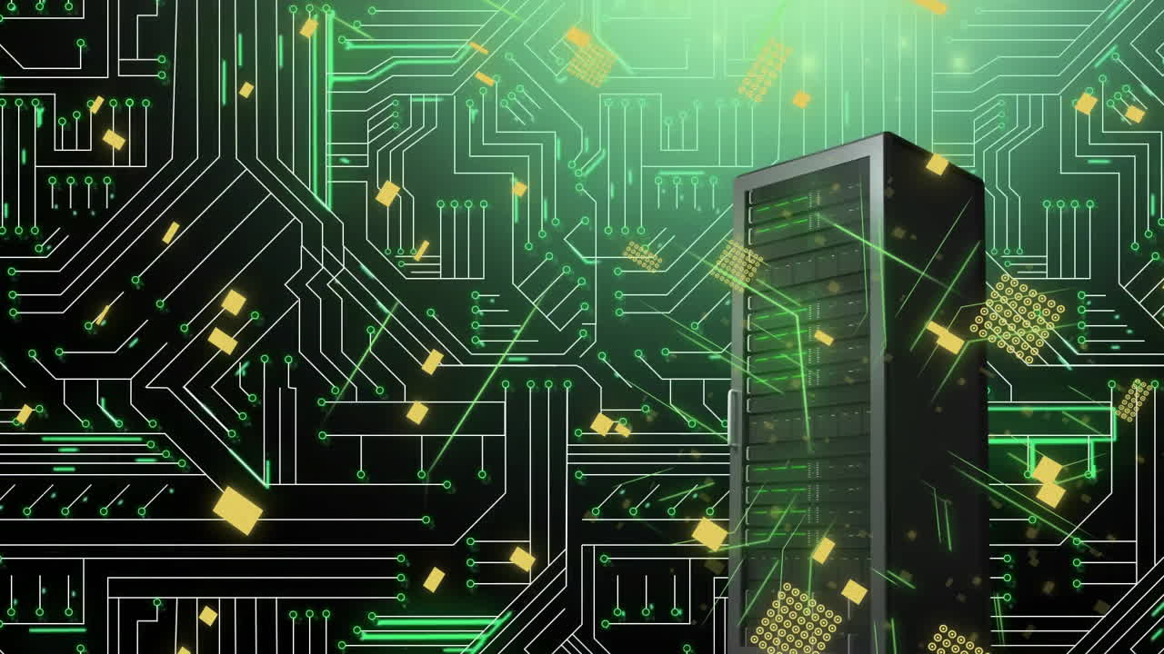 Animation of data processing over circuit board and computer server