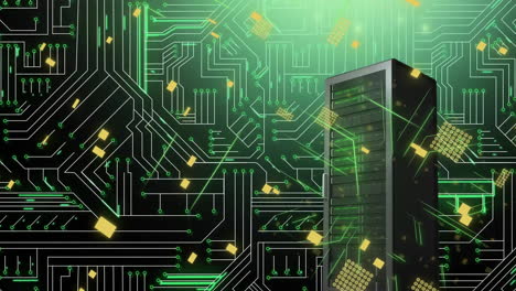 animación del procesamiento de datos a través de una placa de circuitos y un servidor informático