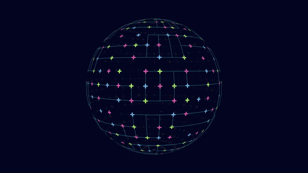 A 3D model of a sphere with lines and dots possibly symbolizing a network or map. The image presents a visual depiction of interconnected elements