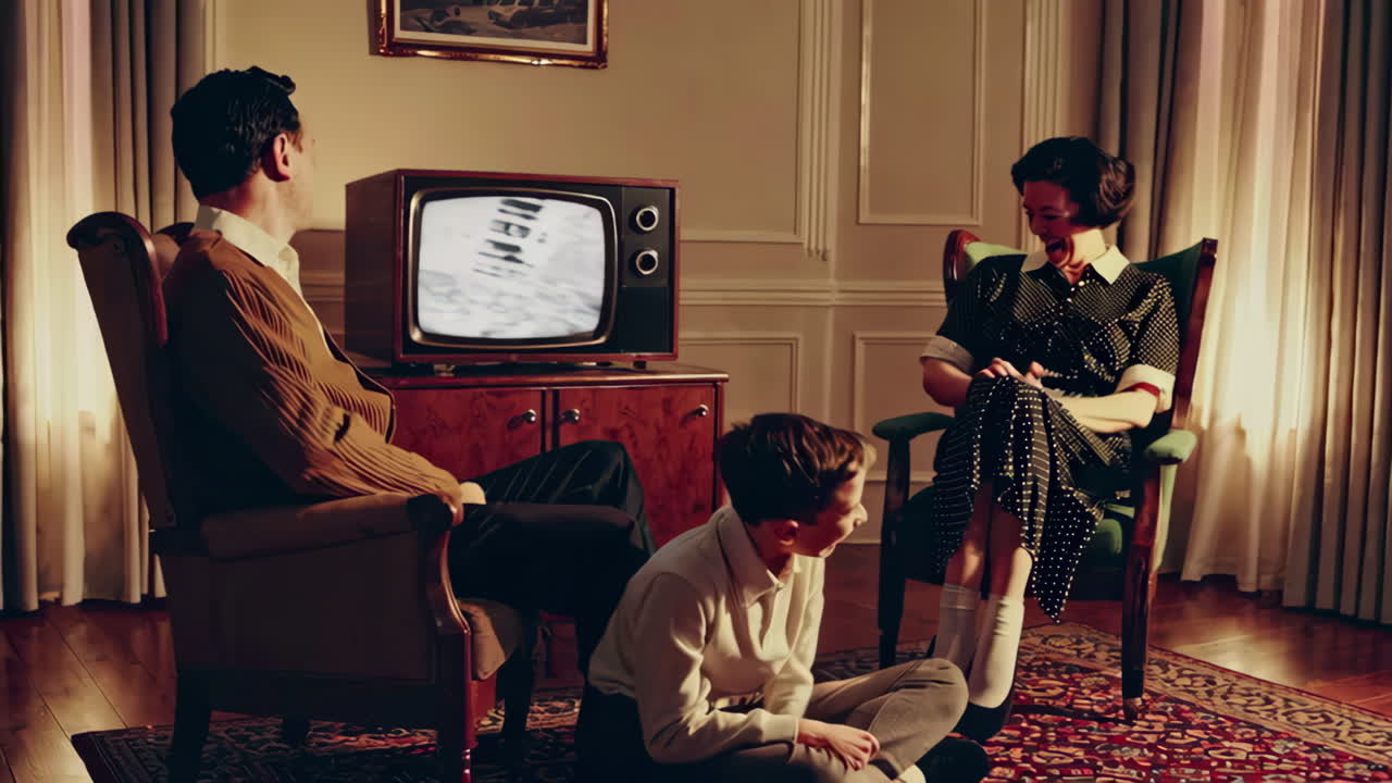 행복한 가족이 레트로 거실에서 tv를 보고 있습니다.