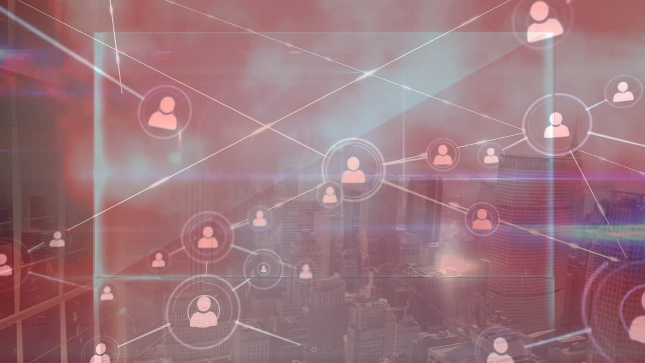 animación de la red de conexiones a través de la pantalla digital roja y el paisaje urbano