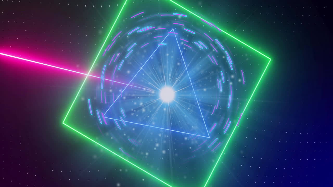 Glowing geometric shapes and light rays creating futuristic cosmic animation