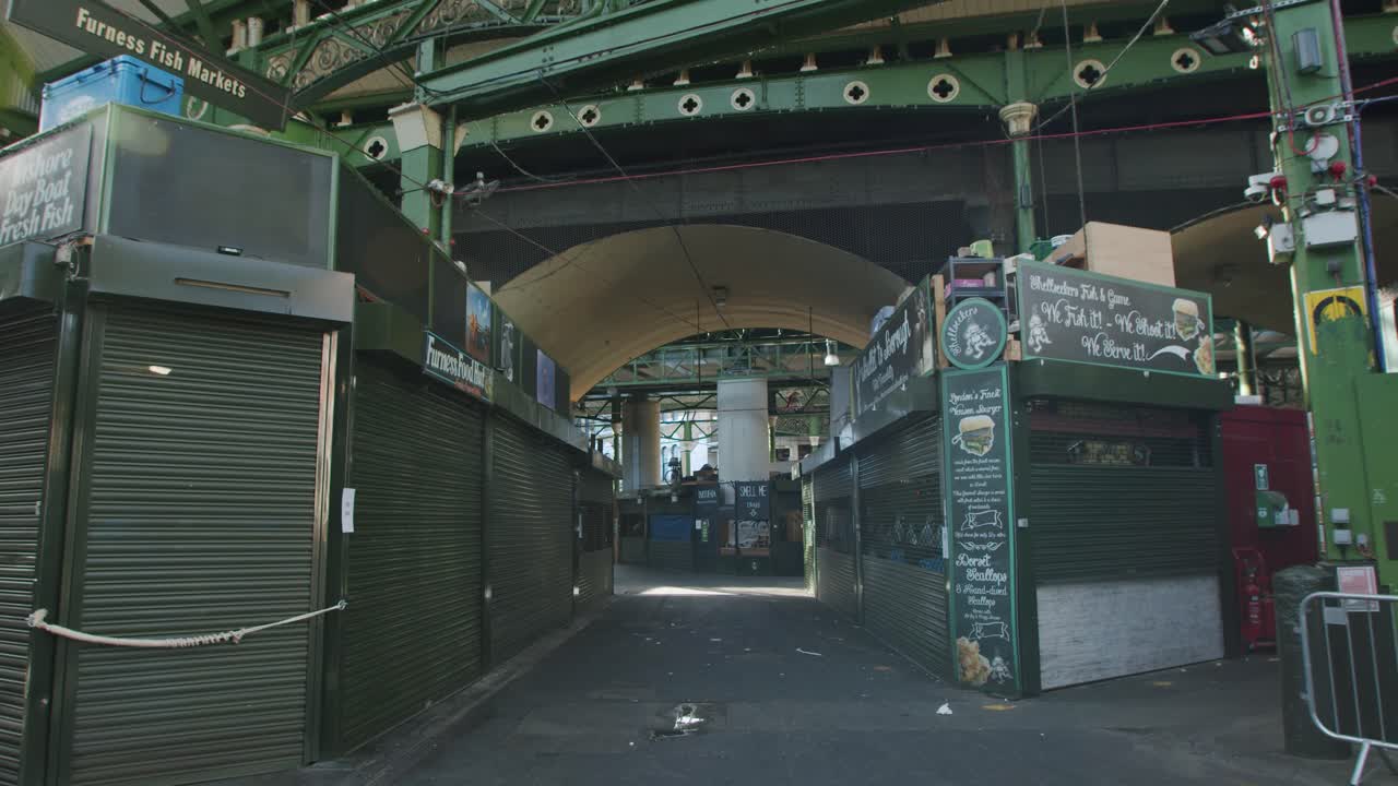 Empty market hall with closed stalls