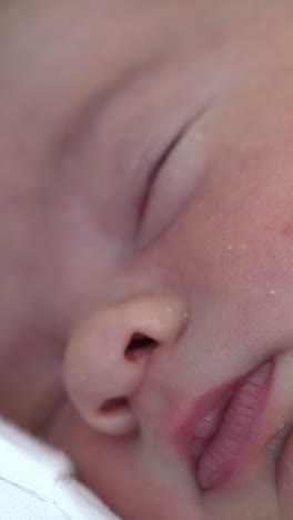 adorable babe sleeping peacefully with its hand under the chick. rosy cheeks, tiny nose and lips close up. vertical video